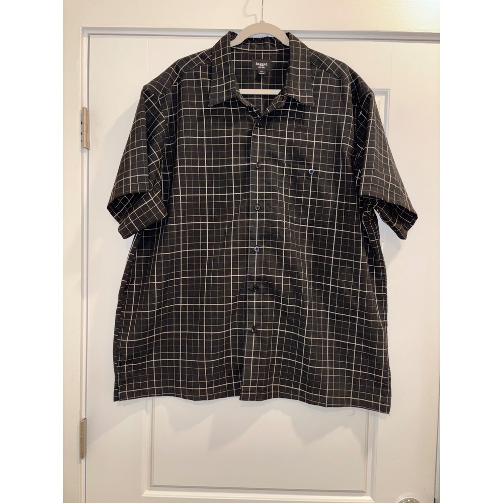 Haggar Mens XXL Black White Windowpane Check Short Sleeve Button Up Shirt